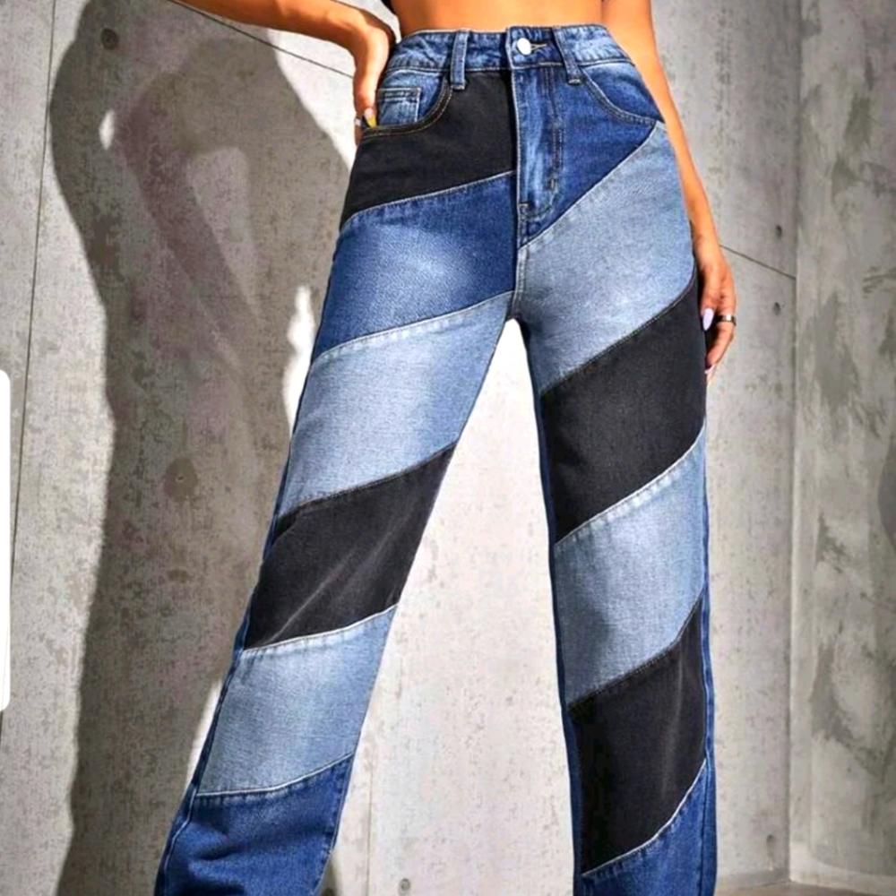 Unique, straight leg, patchwork, denim pants